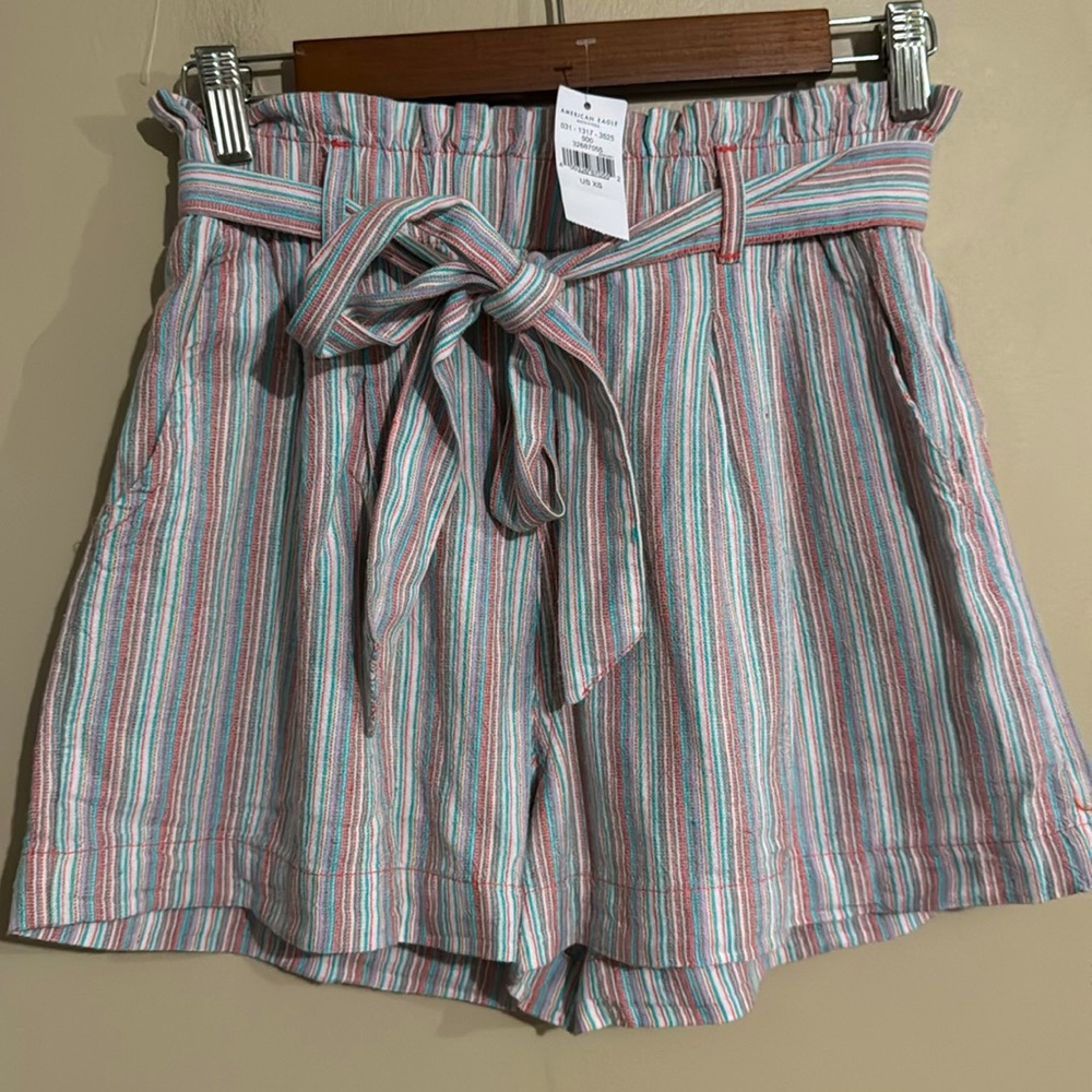 American Eagle Pastel Striped Boho Paper Bag High Waist Shorts Women's Sz XS NWT